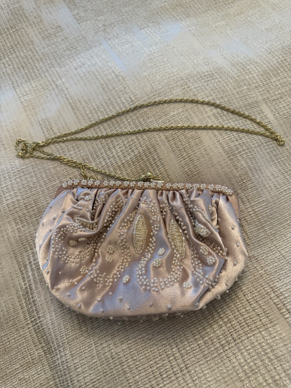 Elegant Pearl-Embellished Champagne Satin Evening Bag